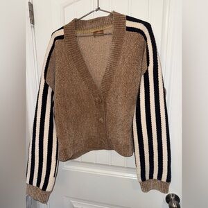 POL Brown and Black Striped Cardigan Pieced Houndstooth Sweater